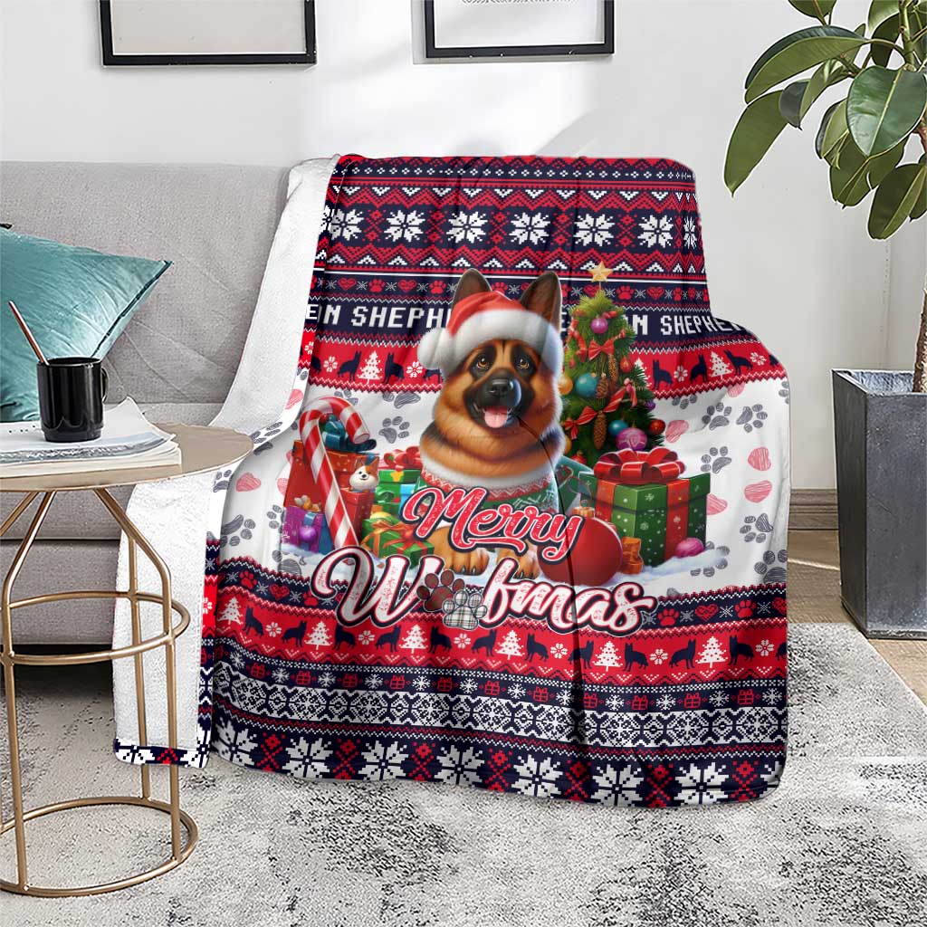Red and navy “Merry Woofmas” dog art blanket with gifts, candy and paw prints