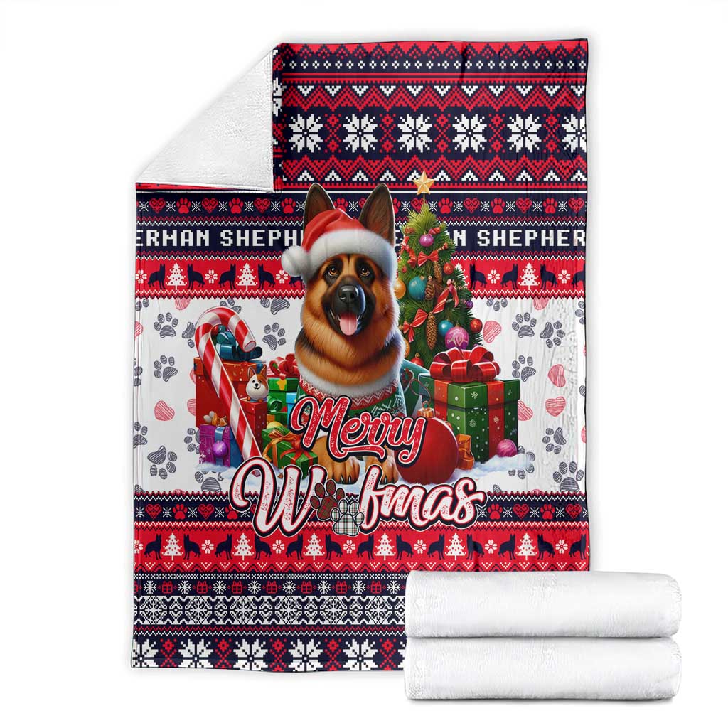 Folded Christmas dog art blanket, red navy and white with “Merry Woofmas” wording