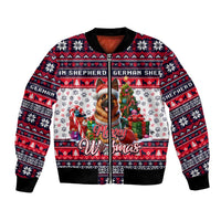 White bomber jacket with red and blue Christmas dog graphic, ribbed collar and cuffs