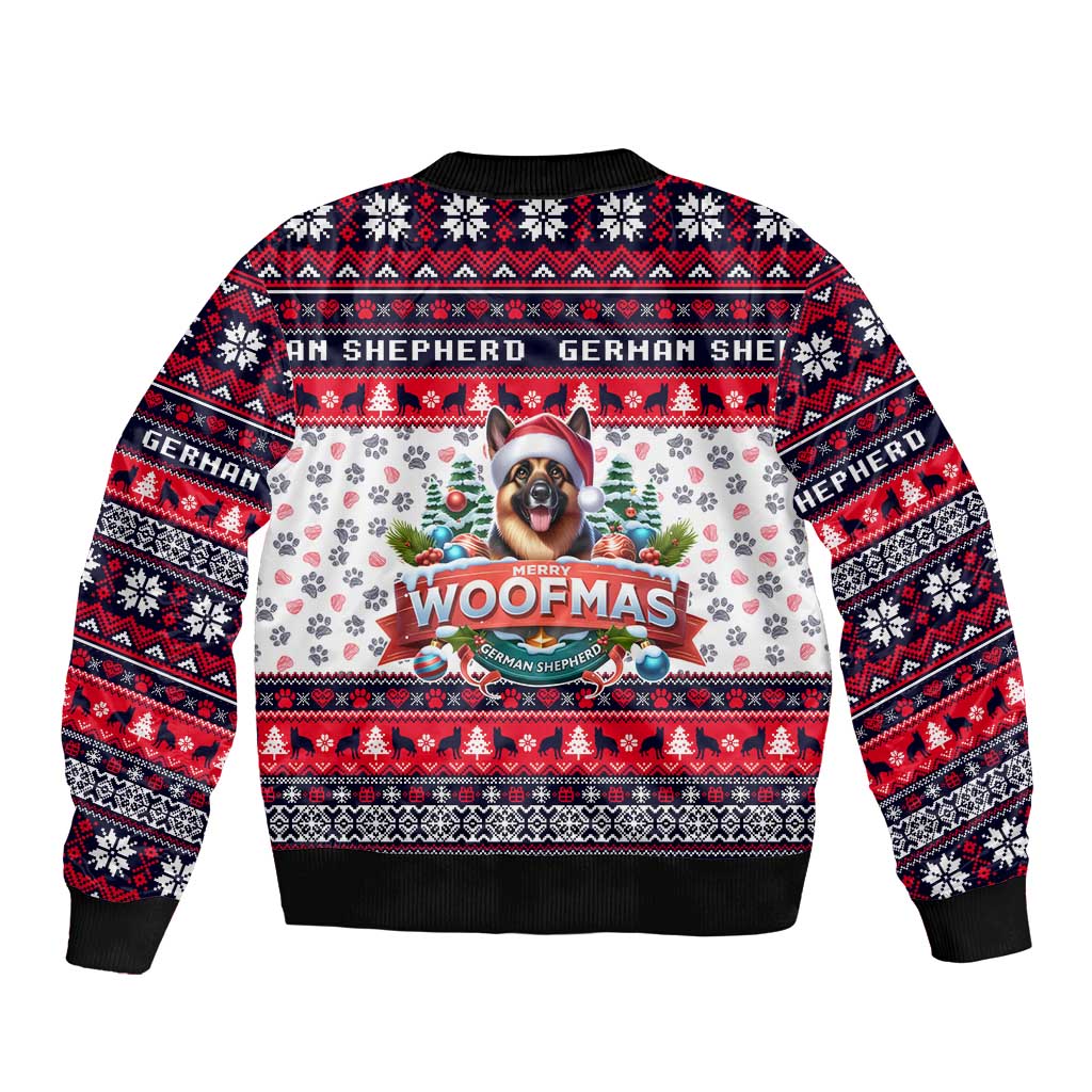 Bomber jacket with Merry Woofmas dog graphic, red/blue winter pattern sleeves, ribbed hem