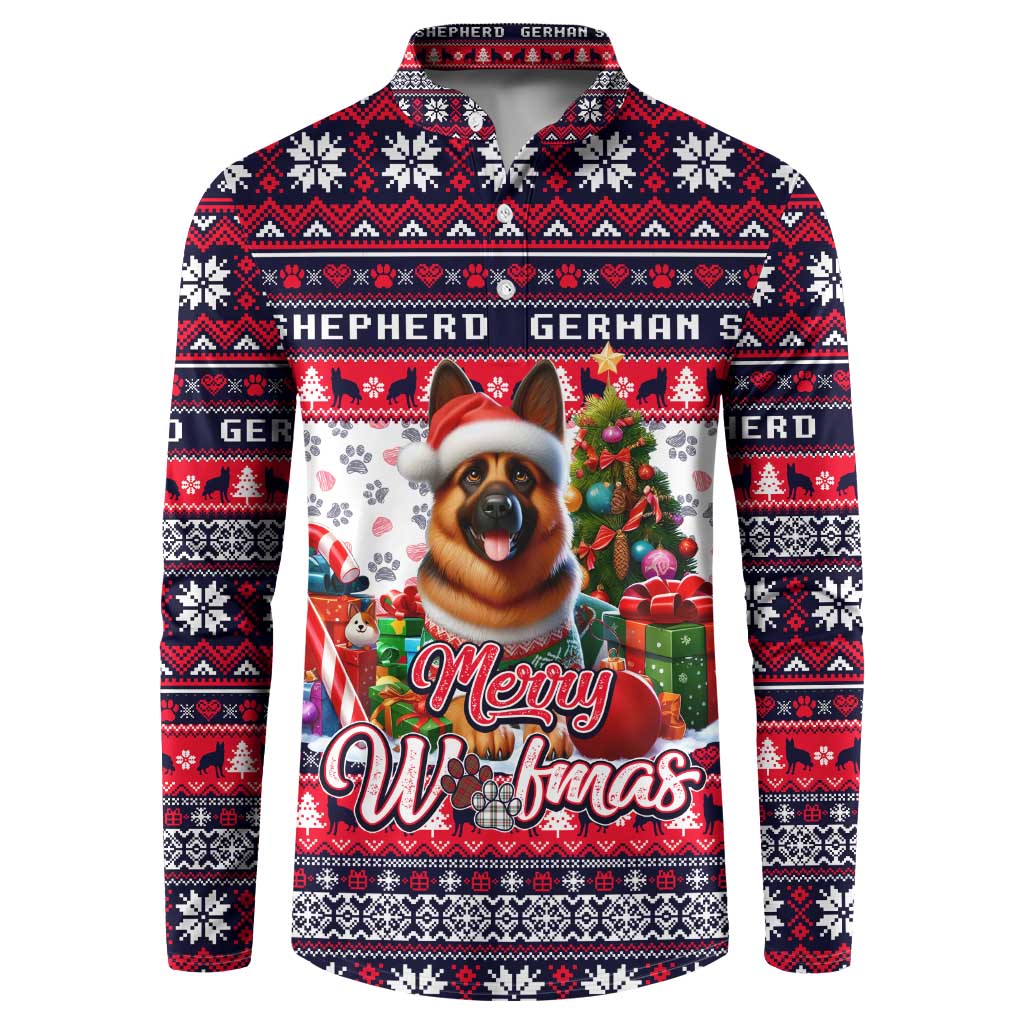 Holiday button-up sweatshirt with German Shepherd graphic and Merry Woofmas print