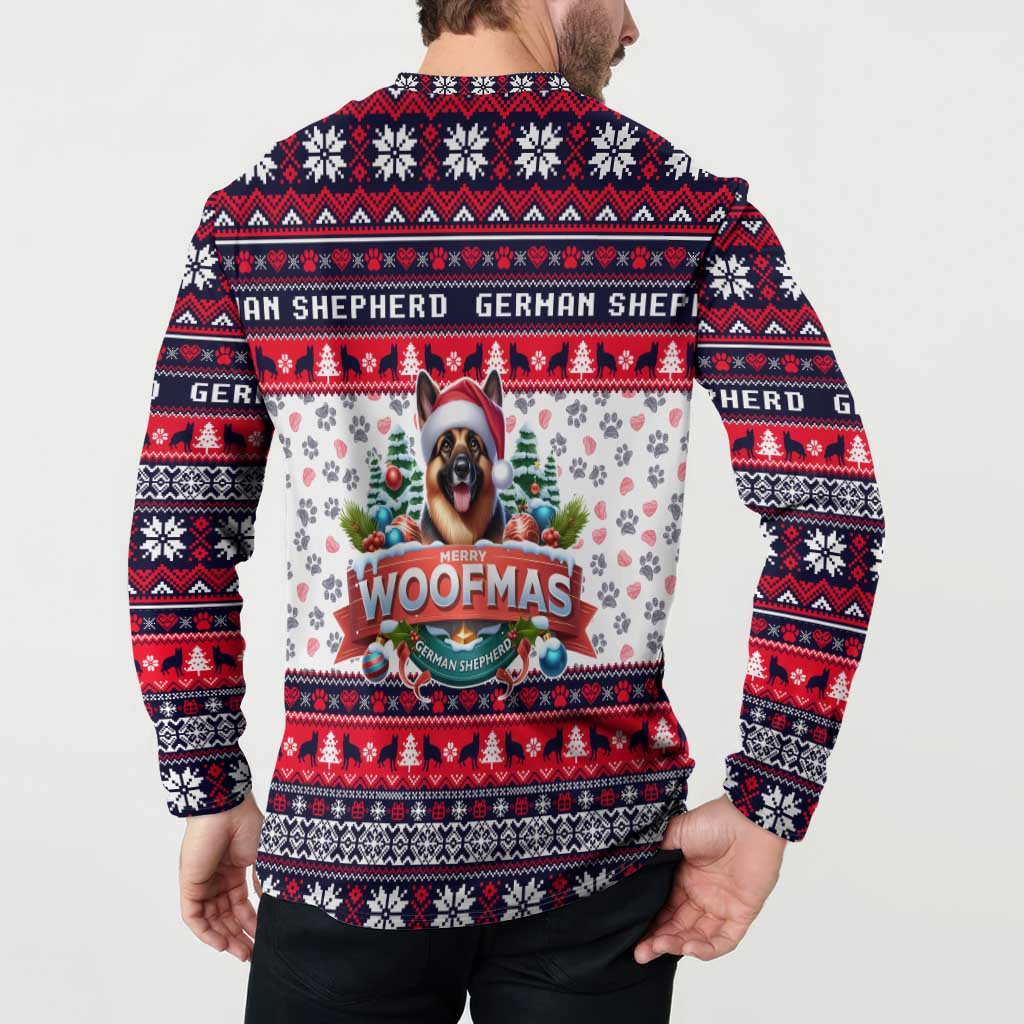 Holiday button-up sweatshirt worn, back view with German Shepherd Woofmas graphic