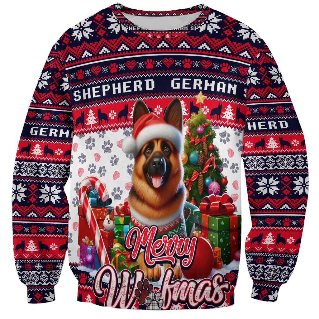 Unisex crewneck sweatshirt with German Shepherd Woofmas graphic, paw prints and gifts