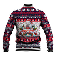 Poodle Merry Woofmas baseball jacket, back holiday Woofmas dog graphic, ribbed striped hem