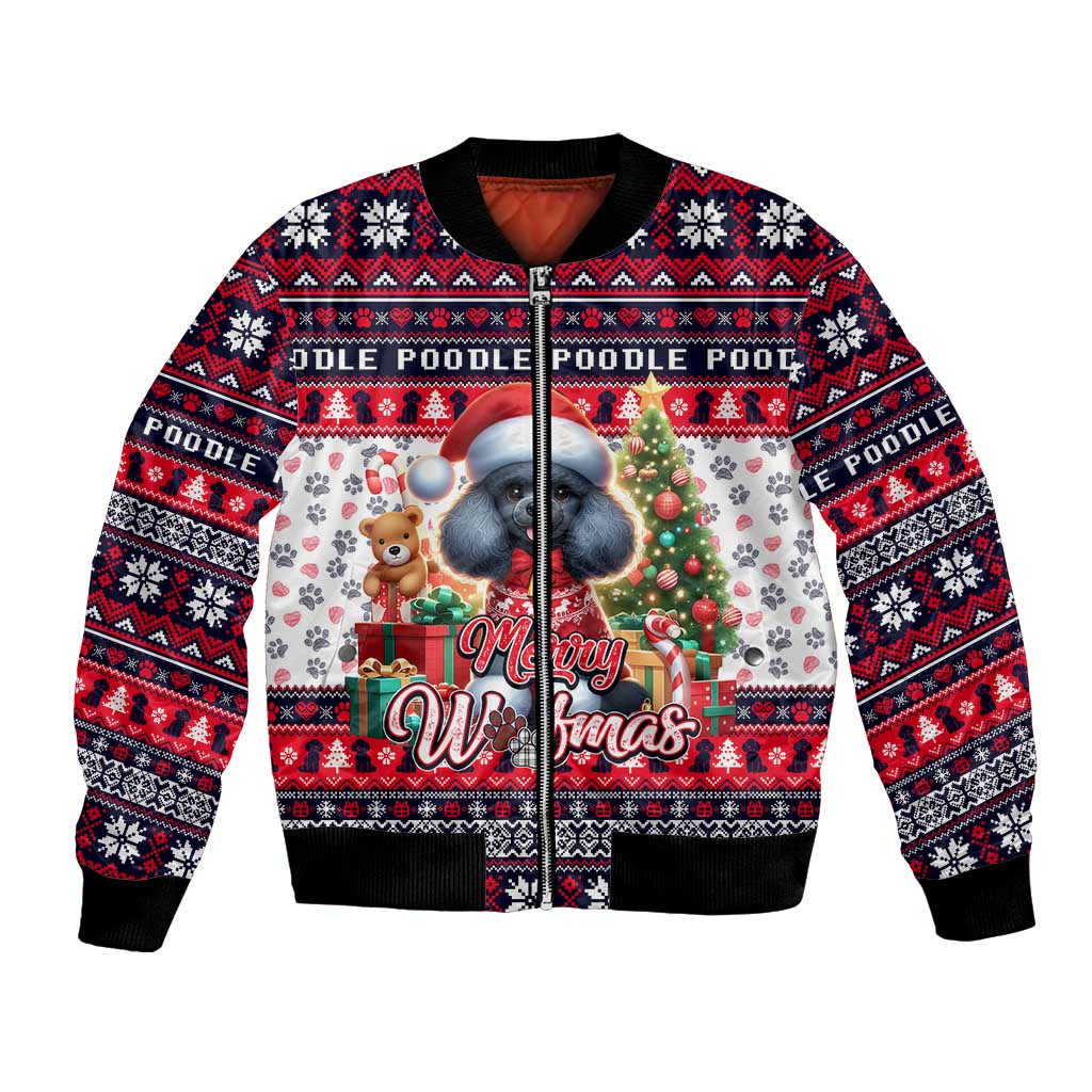 Unisex bomber jacket, white base with red/black poodle dog Merry Woofmas print