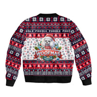 Unisex bomber jacket, white base with red/black poodle dog Merry Woofmas front graphic