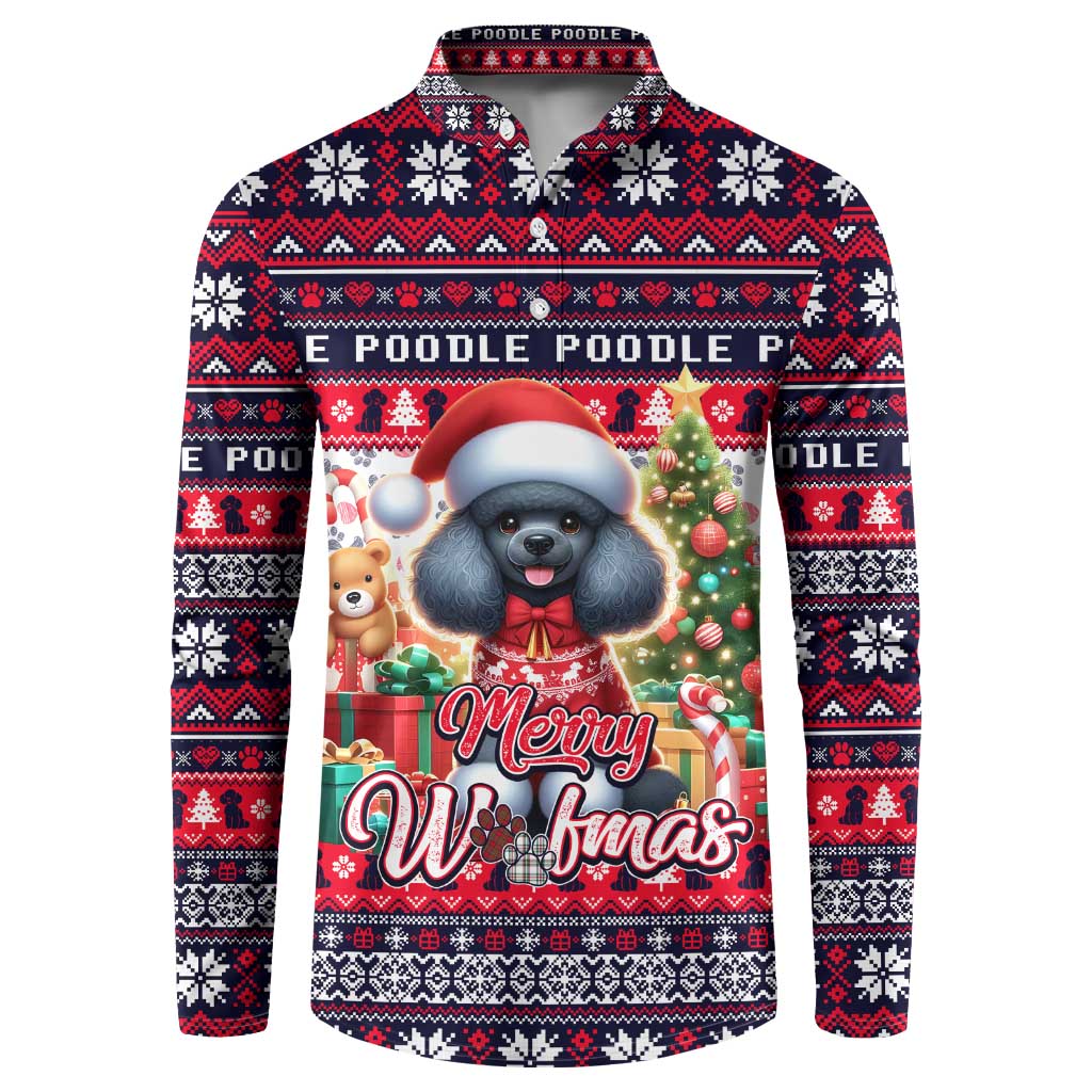 Button-front holiday sweatshirt with poodle Santa-hat graphic, red/white sweater pattern