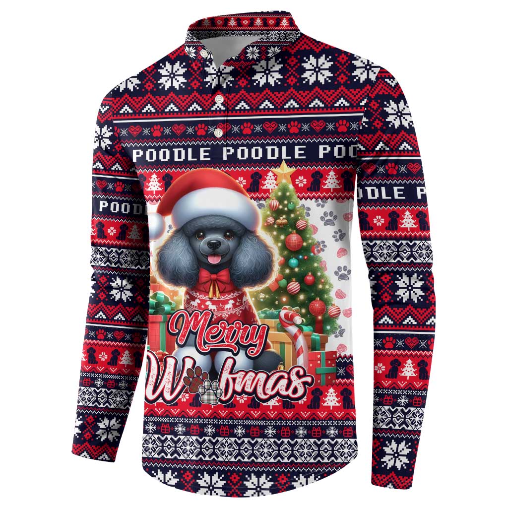 Button-front holiday sweatshirt with poodle Santa-hat graphic and bold red/white fair isle pattern