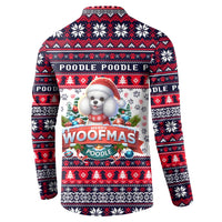 Button-front holiday sweatshirt, back graphic with Woofmas text and poodle in winter hat