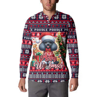 Button-front holiday sweatshirt on model, poodle Santa-hat graphic with red/white knit pattern
