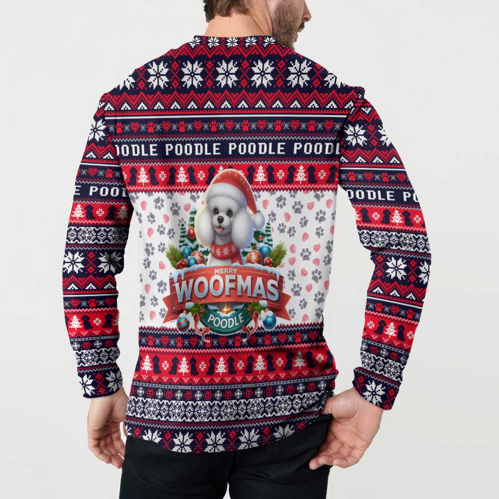 Button-front holiday sweatshirt on model, back Woofmas poodle graphic with red/white knit pattern