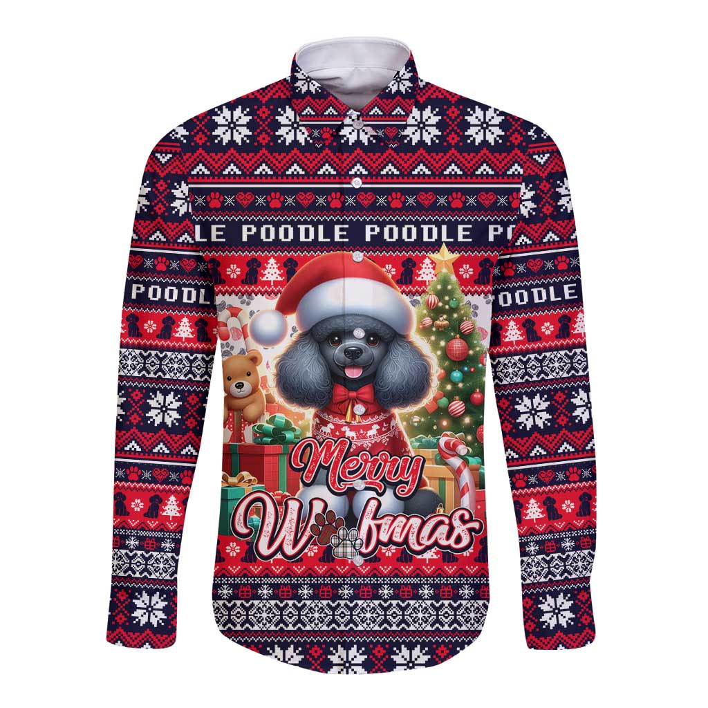 Festive long sleeve button shirt with poodle dog Merry Woofmas graphic
