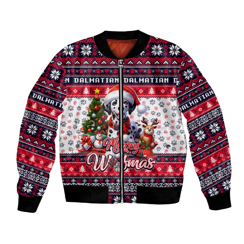 Unisex bomber jacket with red/black Nordic knit trim and Dalmatian Merry Woofmas graphic