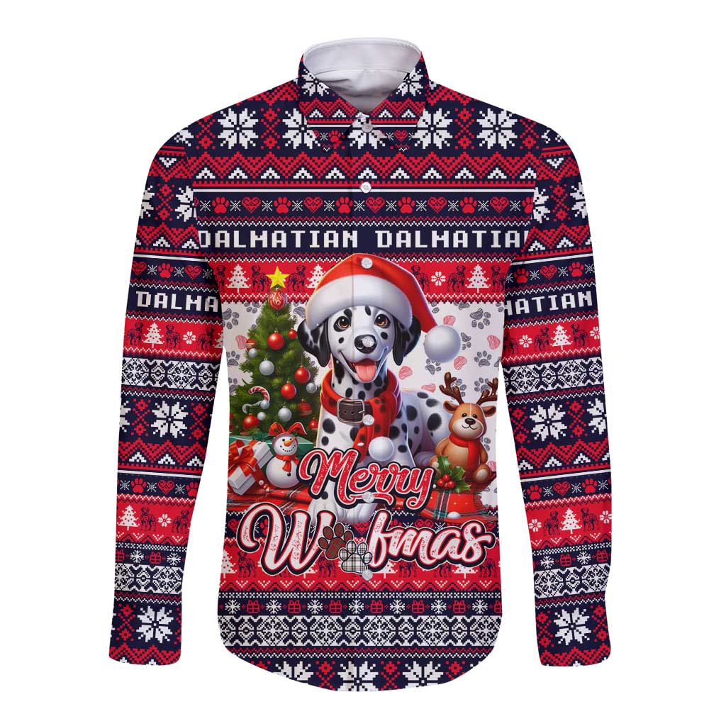White unisex long-sleeve button shirt with dalmatian holiday graphic, snowflake pattern