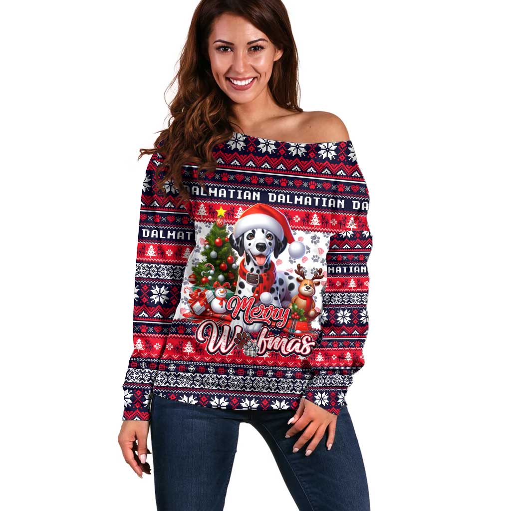 Dalmatian Merry Woofmas Off Shoulder Sweater Christmas Dog Art Style - Wonder Print Shop