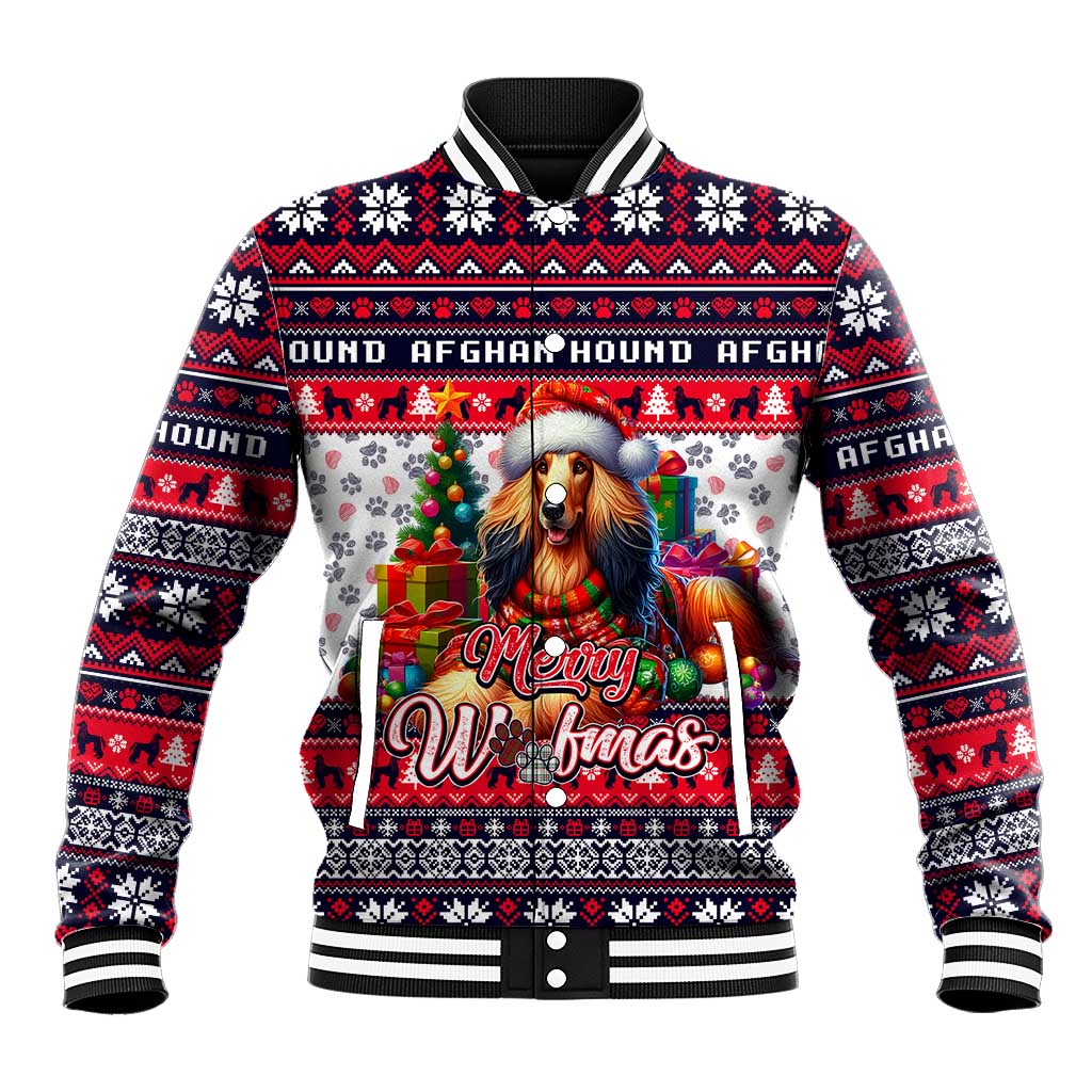 White unisex baseball jacket with festive dog graphic, red and black fair isle trim