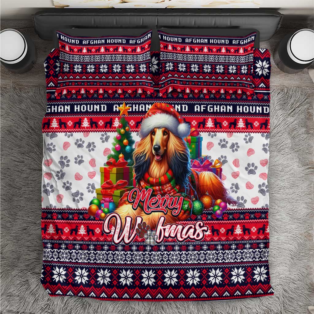 Christmas dog bedding set with Afghan Hound, Merry Woofmas text, red and navy pattern