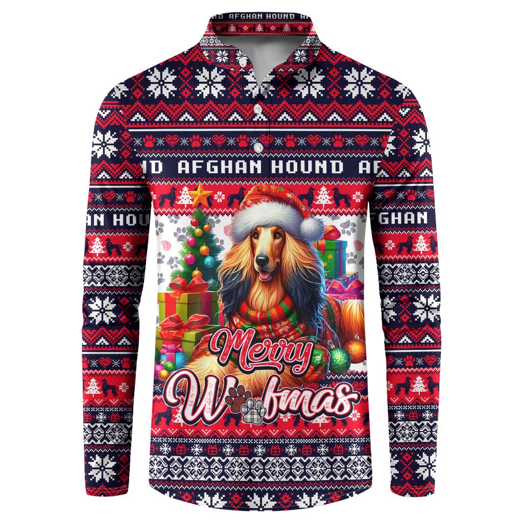 Navy button sweatshirt with winter Afghan Hound Merry Woofmas graphic
