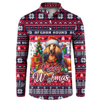 Navy button sweatshirt with winter Afghan Hound Merry Woofmas graphic