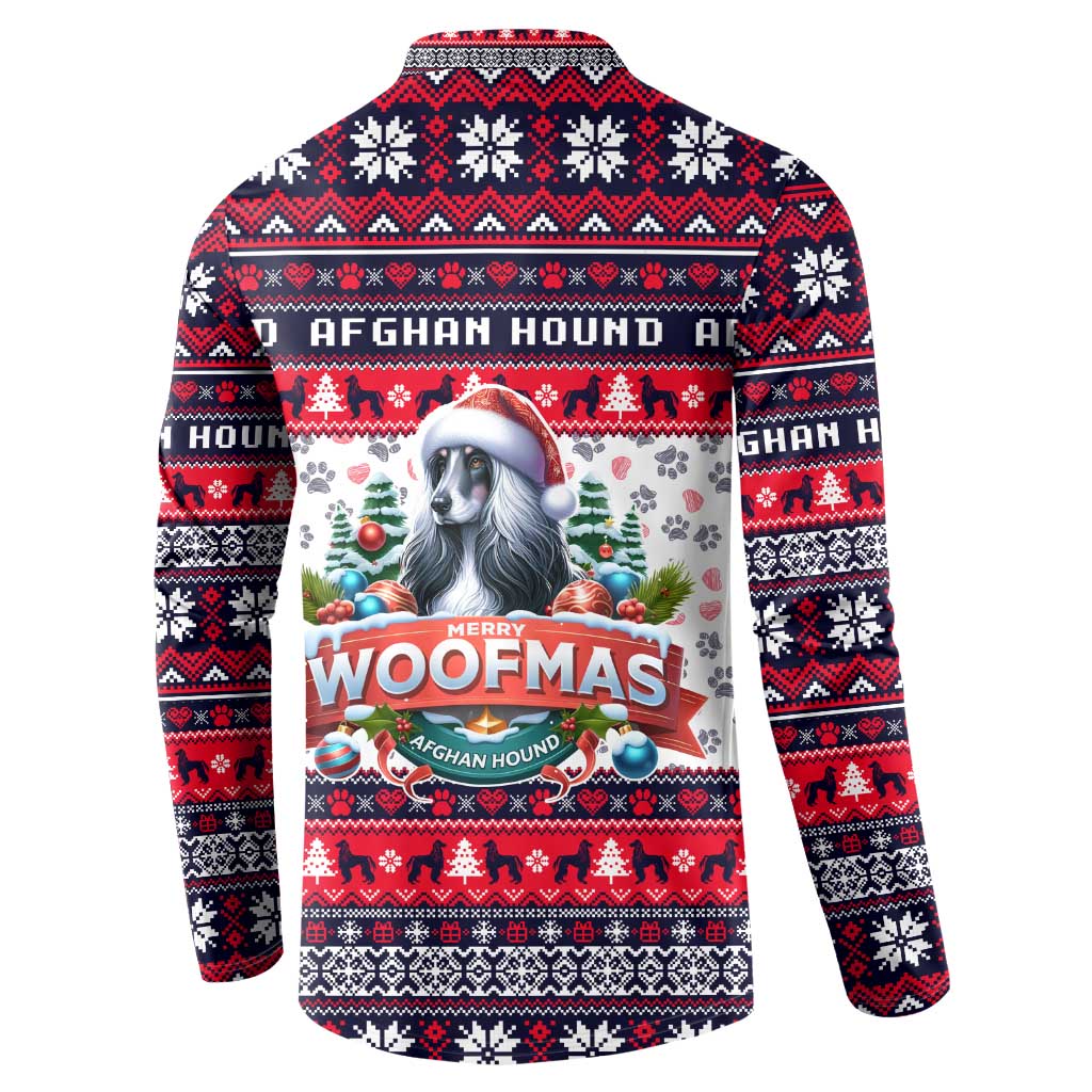 Navy button sweatshirt with Afghan Hound Woofmas graphic and Santa hat