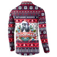 Navy button sweatshirt with Afghan Hound Woofmas graphic and Santa hat