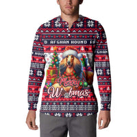 Mens navy button sweatshirt with Merry Woofmas Afghan Hound graphic front