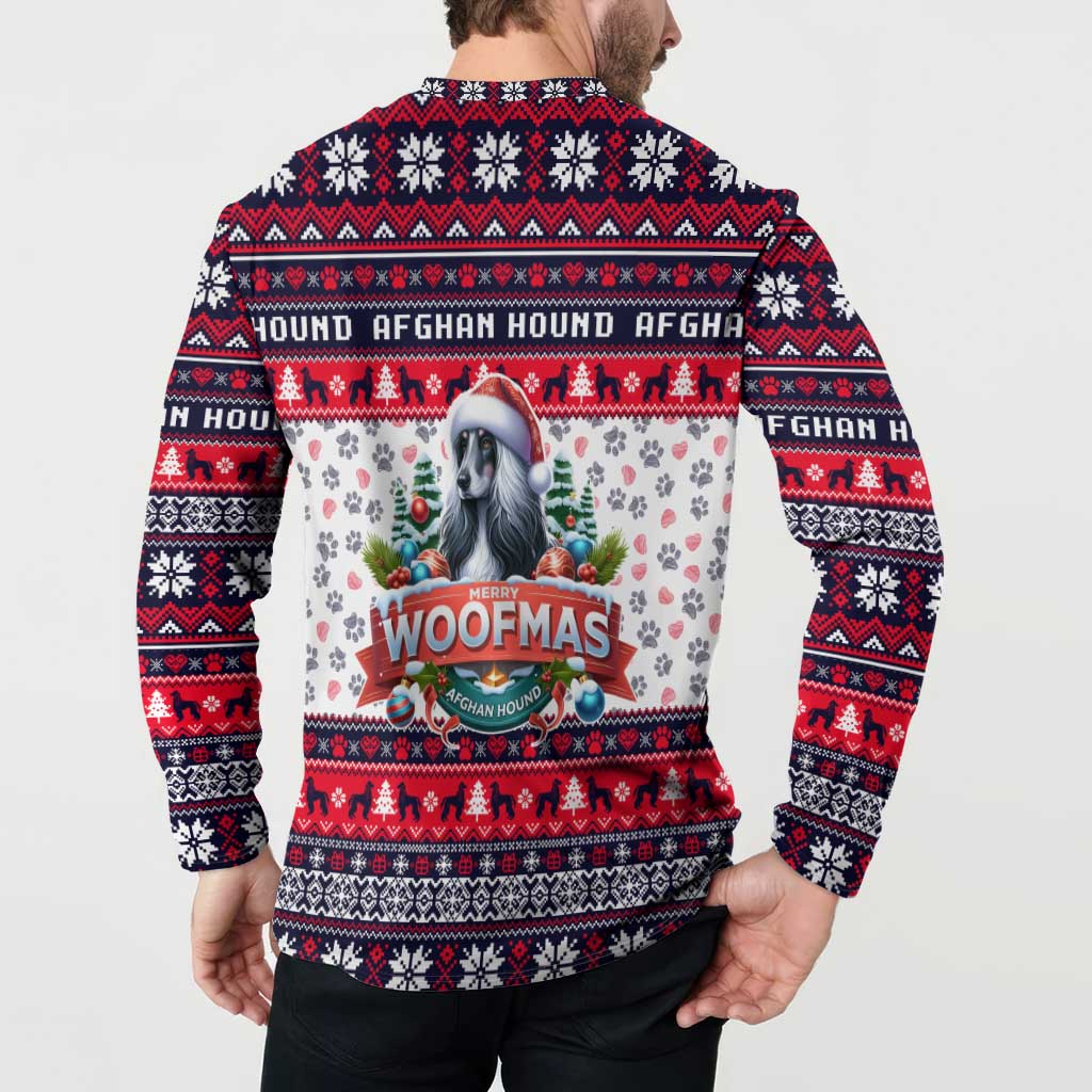 Navy button sweatshirt with back Woofmas Afghan Hound holiday graphic