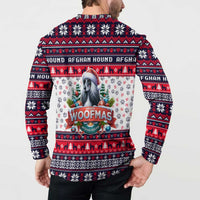 Navy button sweatshirt with back Woofmas Afghan Hound holiday graphic