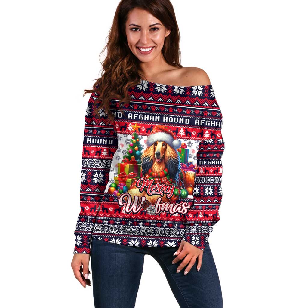 Afghan Hound Merry Woofmas Off Shoulder Sweater Christmas Dog Art Style - Wonder Print Shop