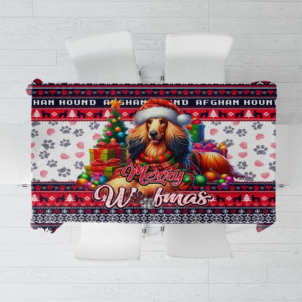 Dog-themed Christmas tablecloth with red, blue, black snowflake and paw-print border