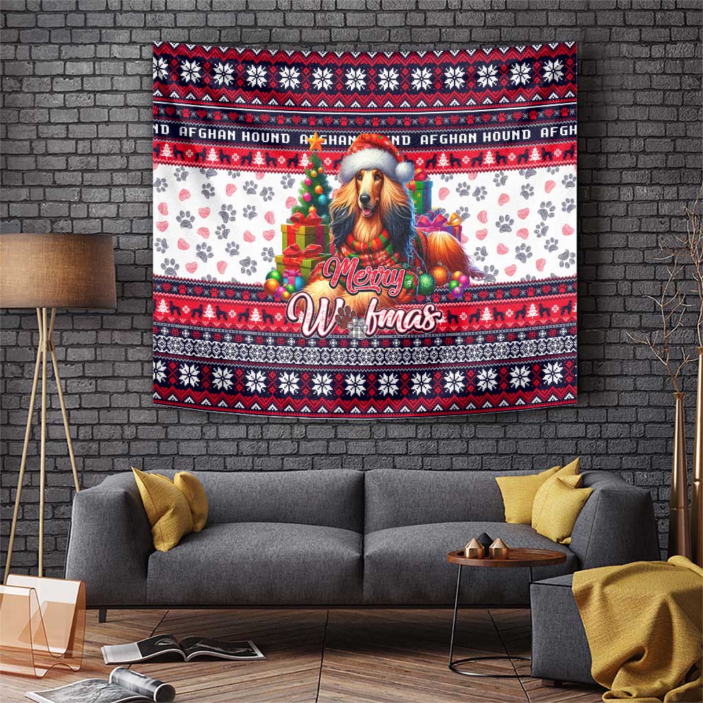 Merry Woofmas Afghan Hound Christmas tapestry with festive dog in scarf and ornaments