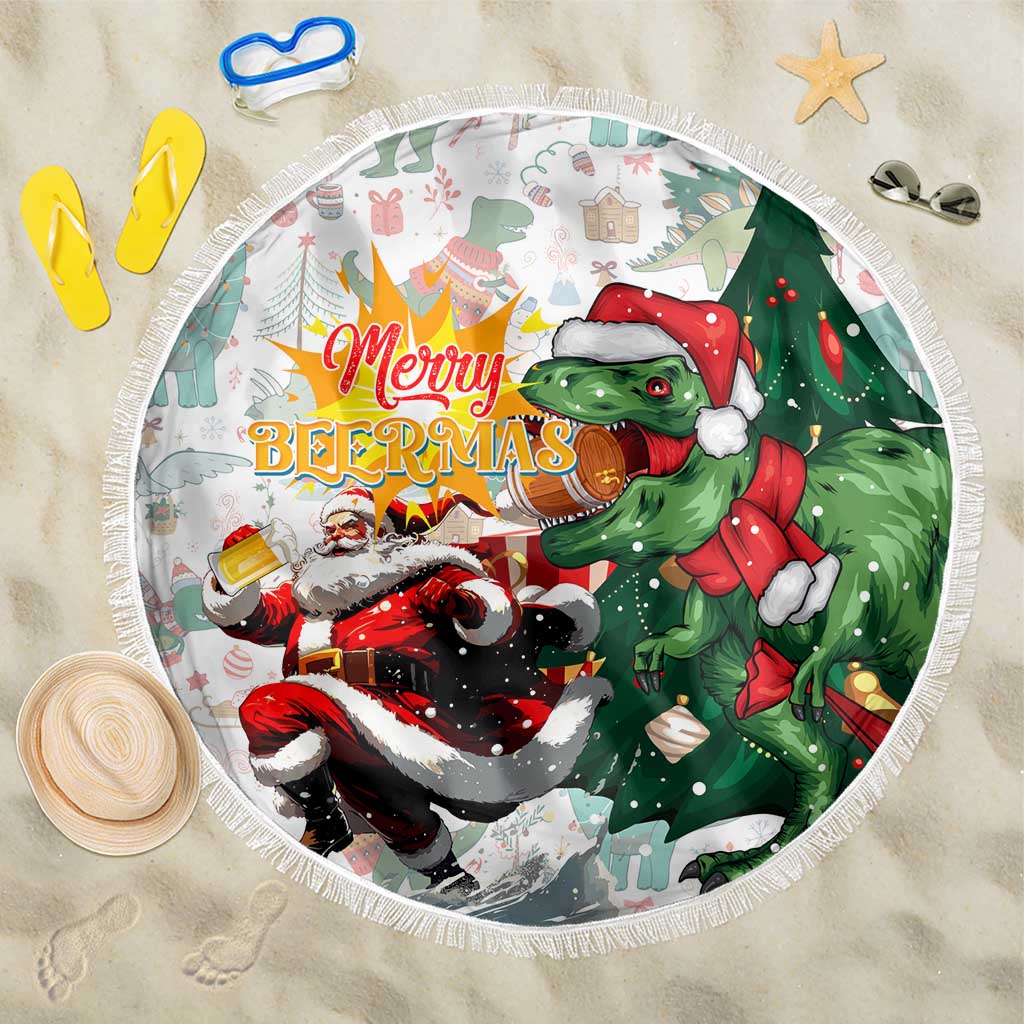 White round beach blanket with Merry Beermas T-Rex Santa graphic, fringed edge