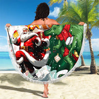 White round beach blanket featuring T-Rex Santa and Merry Beermas text, fringed edge