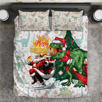 Christmas T-Rex bedding set: green dinosaur Santa with Merry Beermas graphic
