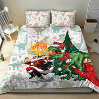 Christmas T-Rex bedding set with green dinosaur Santa beside Merry Beermas text