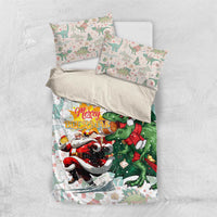 Christmas T-Rex bedding set with green dinosaur Santa, Merry Beermas, matching pillowcases