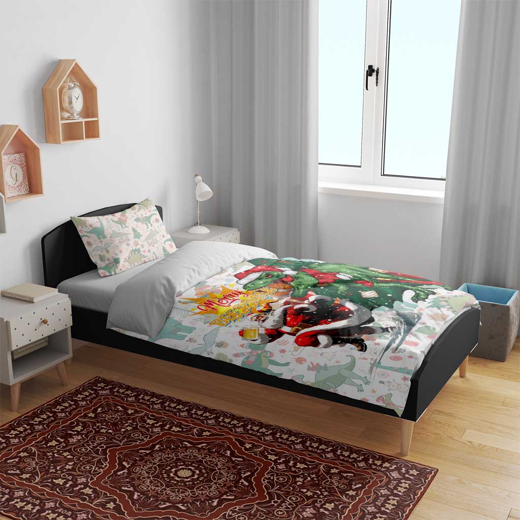 Christmas T-Rex bedding set with green dinosaur Santa on duvet and pillowcase prints