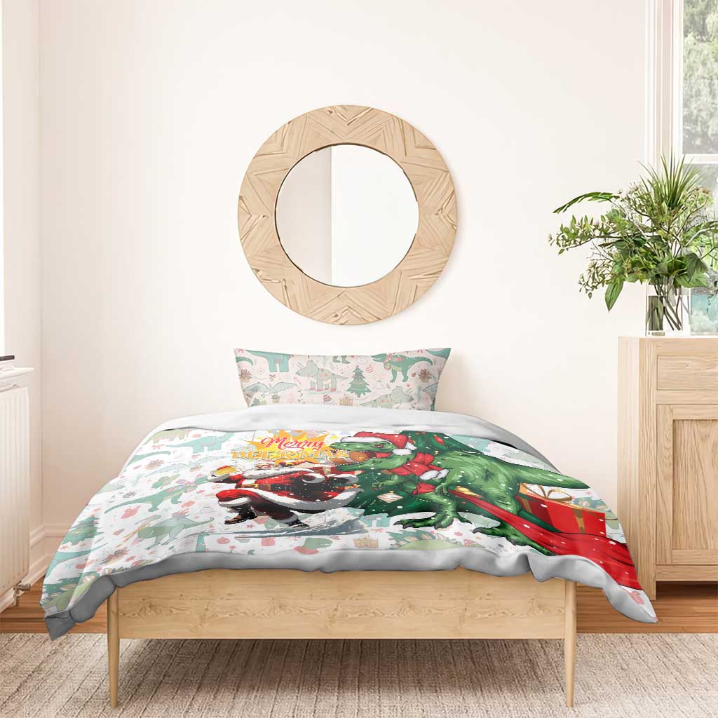 Christmas T-Rex bedding set: green dinosaur Santa on duvet with Merry Beermas typography