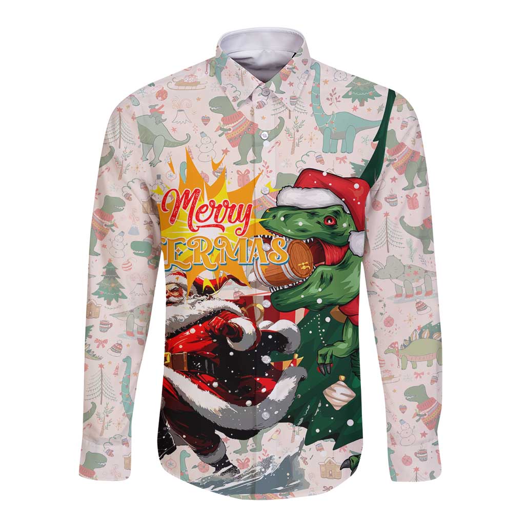 Unisex long-sleeve button shirt with white dinosaur print and Merry Beermas T-Rex graphic