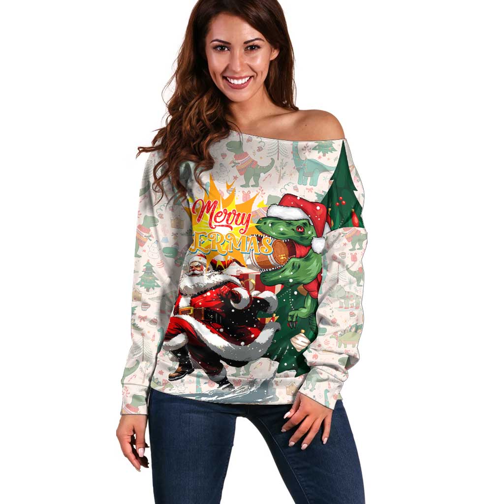 Cheer Santa Claus T-Rex Off Shoulder Sweater Merry Beermas Christmas - Wonder Print Shop