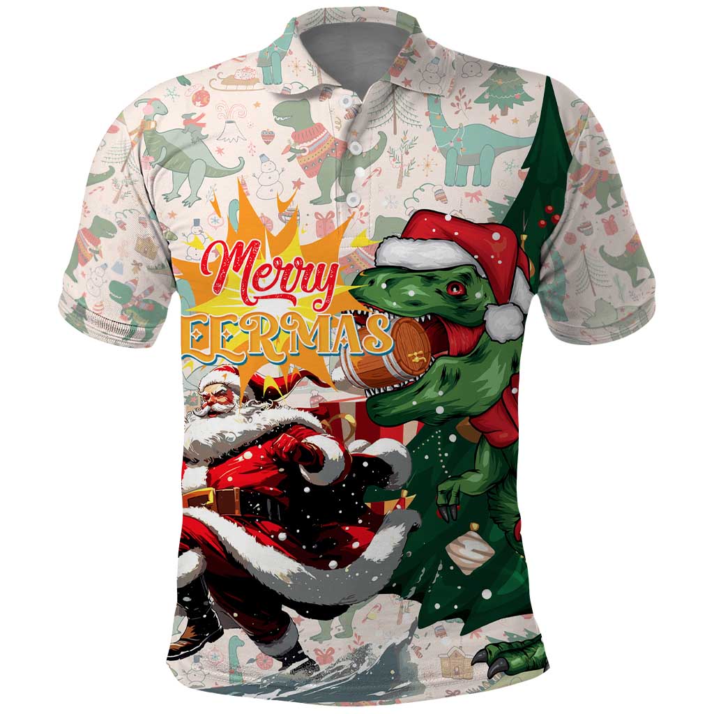 Cheer Santa Claus T-Rex Polo Shirt Merry Beermas Christmas