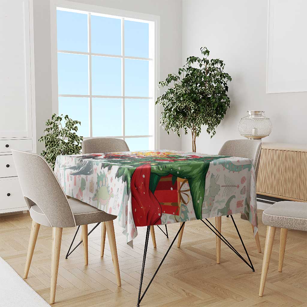 White Christmas T-Rex themed tablecloth with colorful Merry Beermas dinosaur artwork.