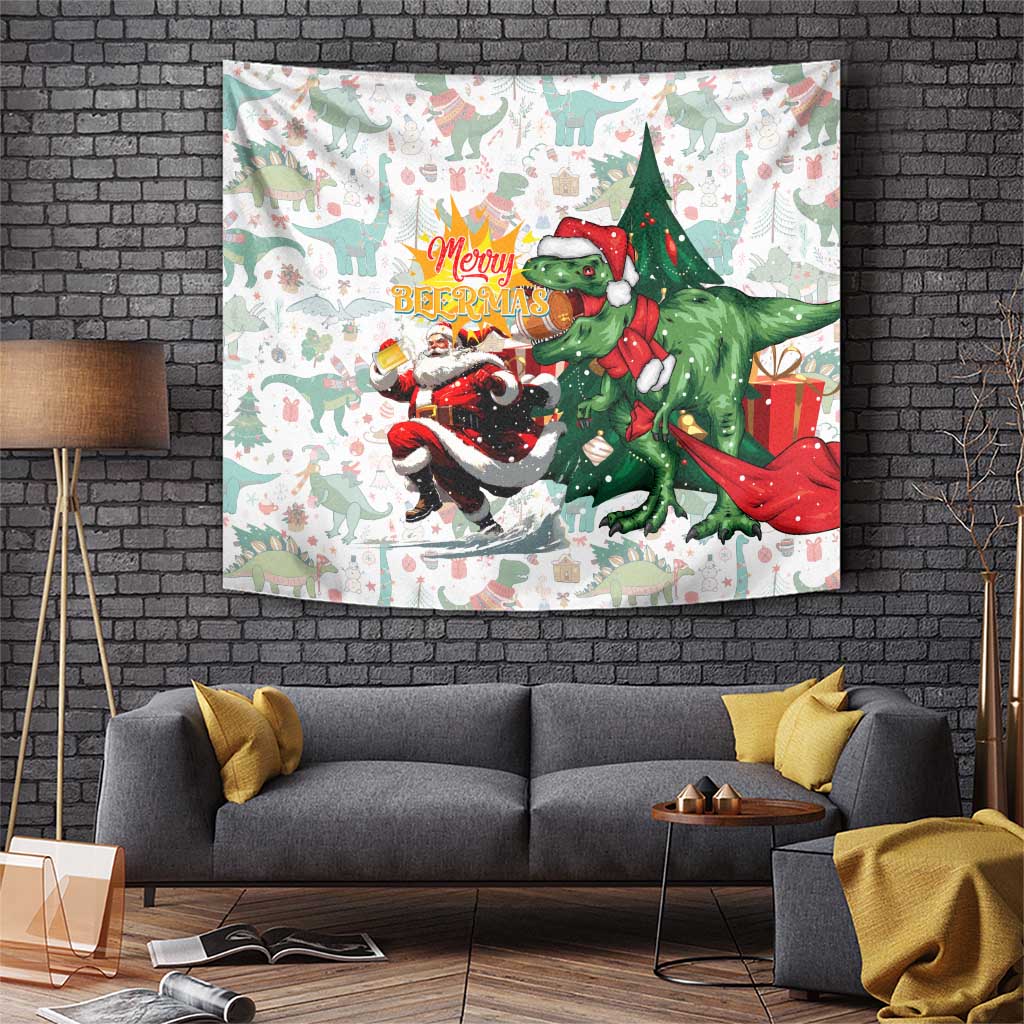 Cheer Santa Claus T-Rex Tapestry Merry Beermas Christmas