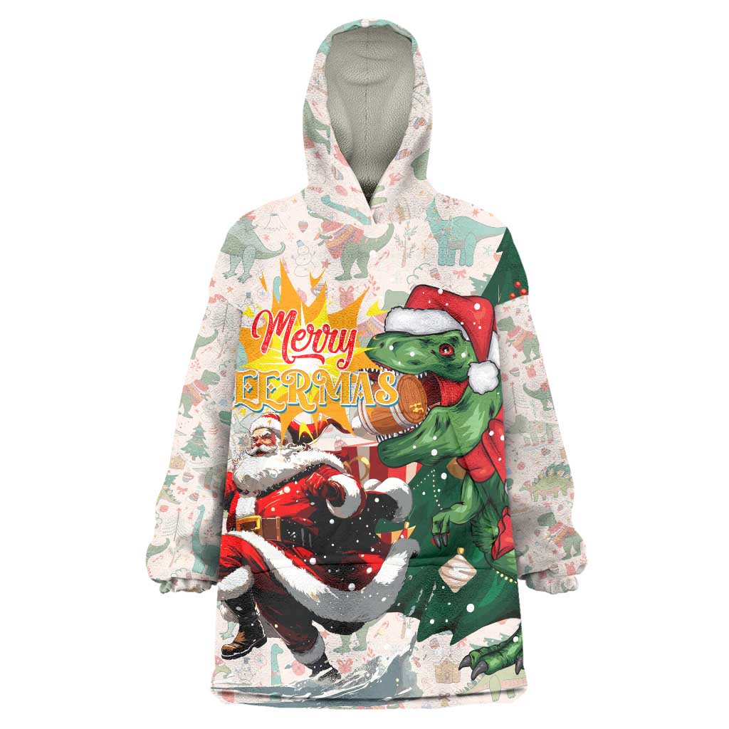 Cheer Santa Claus T-Rex Wearable Blanket Hoodie Merry Beermas Christmas