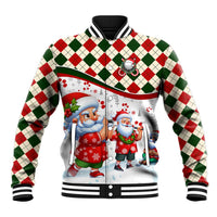 White baseball jacket with red-green argyle and Santa golfing front, ribbed black collar