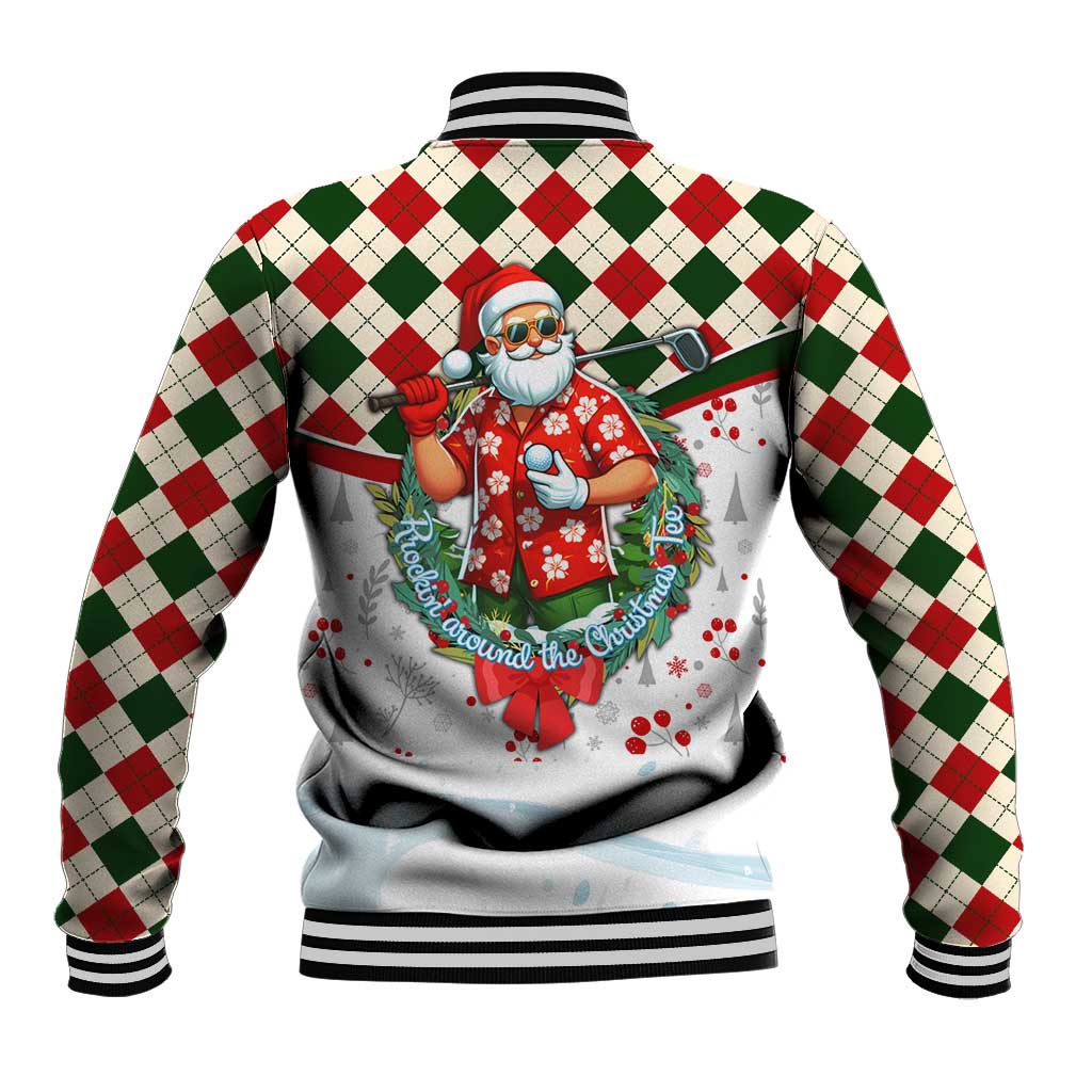 White baseball jacket with red-green argyle and Santa golfing back, ribbed striped hem