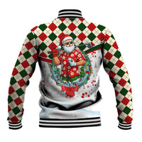 White baseball jacket with red-green argyle and Santa golfing back, ribbed striped hem