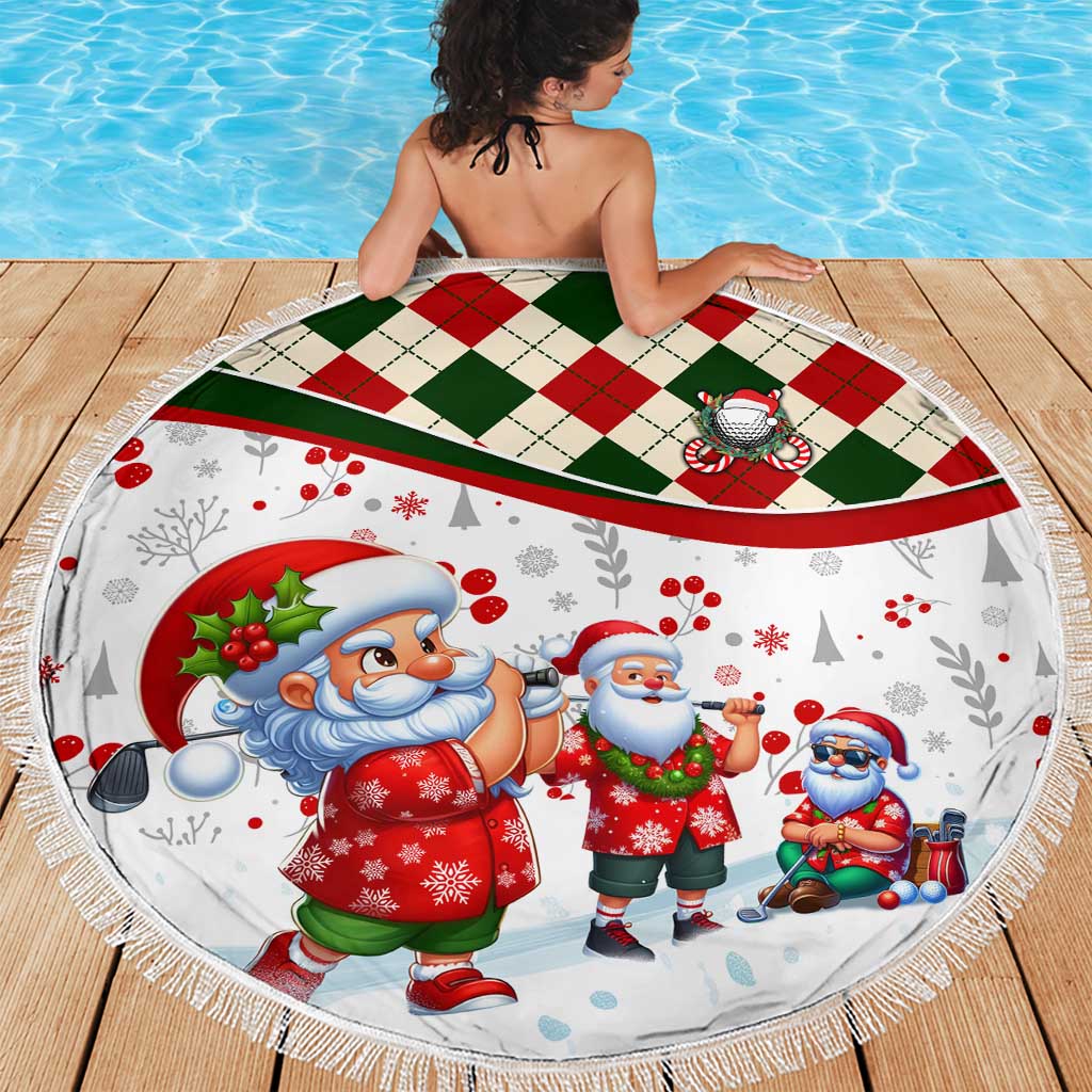 Round Santa and elf Christmas beach blanket with fringe, red green white characters