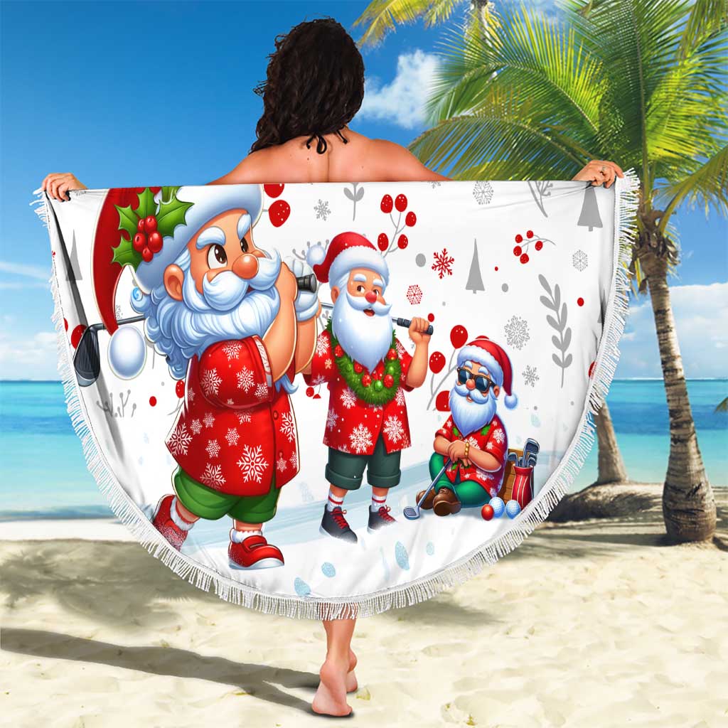 Round Santa Christmas beach blanket with fringe, three character illustration in red