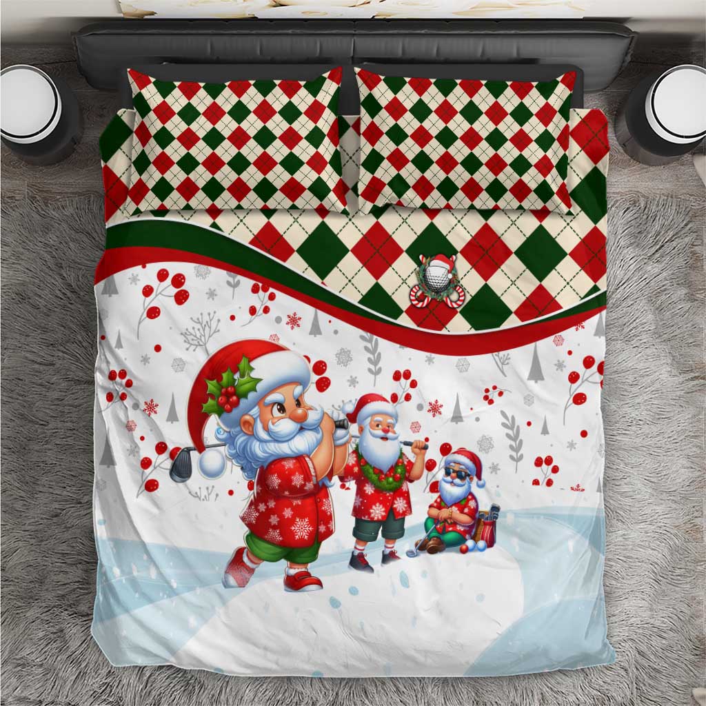 Christmas bedding set with white base, red/green check trim, and Santa character print